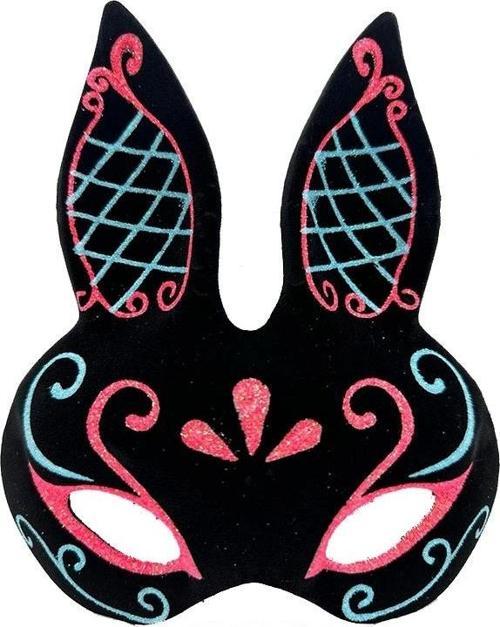 NessiWorld Siyah Renk Mavi Kırmızı Simli Siyah Süet Kaplama Tavşan Maskesi 18x16 cm