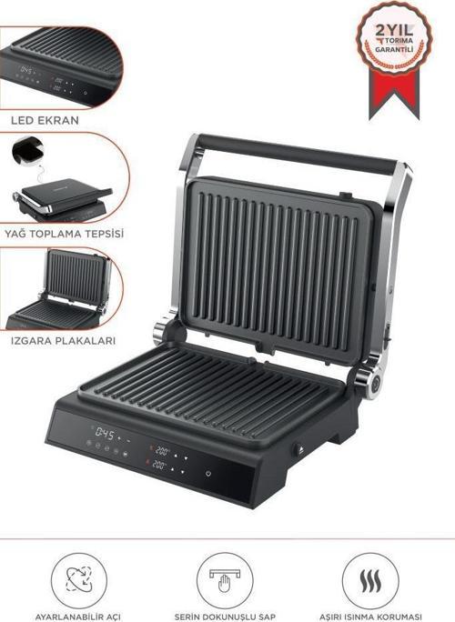 TG-PRO500 Siyah 2000W Dijital Ekranlı Tost & Izgara Makinesi Çıkarılabilir Plaka