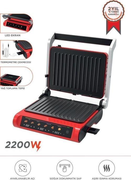 TG-PRO1000 Siyah-Kırmızı 2200W Dijital Ekranlı Tost Izgara Makinesi Çıkarılabilir Plaka