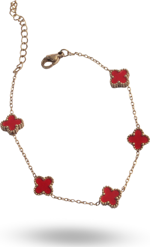 Zarif Kadın için Golden Çelik Mini Kırmızı Mineli Yonca Bileklik