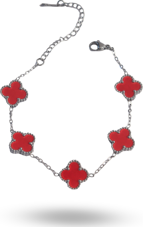 Zarif Kadın için Silver Çelik Kırmızı Mineli Yonca Bileklik