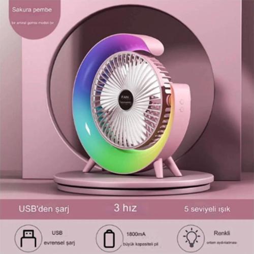 Masaüstü Vantilatör Usb Şarjlı Rgb Led Işıklı 3 Kademeli 180° Ayarlanabilir Soğutucu Fan Pembe