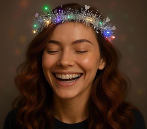 Kalp Püsküllü Gece Parıltısı 3 Modlu Led39li Işıklı Taç Gümüş Renk