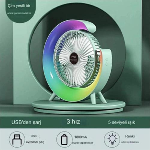 Masaüstü Vantilatör Usb Şarjlı Rgb Led Işıklı 3 Kademeli 180° Ayarlanabilir Soğutucu Fan Yeşil