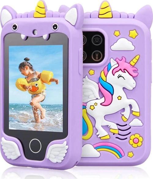 Çocuklar İçin Eğitici Telefon Dokunmatik Ekran Çift Kameralı Fenerli Müzik Çalar Oyun Video Mor