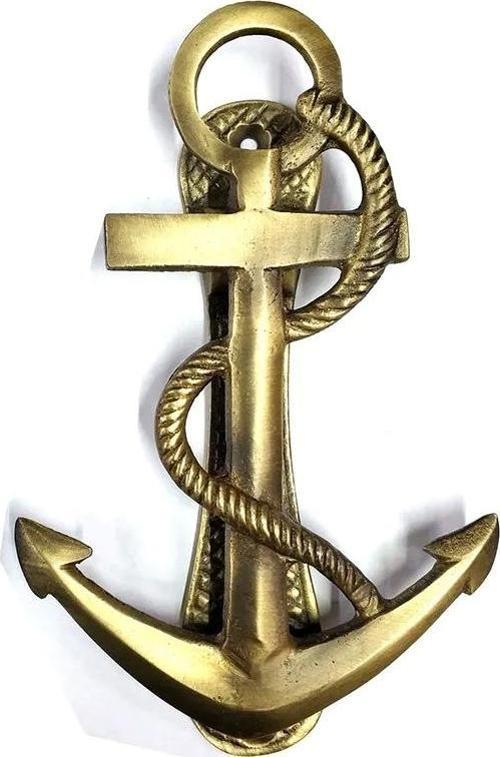 Antika Tarz Dekoratif Pirinç Halatlı, Çapa, Denizci, Gemici Kapı Tokmağı, Taktak - 170x60mm, Sarı