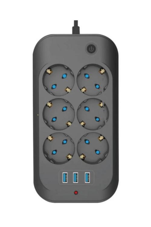 Termal Akım Korumalı, Çocuk Korumalı, 6’lı 2 Mt Uzatma Kablosu 6 X Priz, 3 X Usb