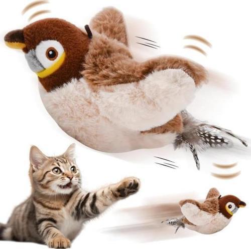 Peluş Kuş Kedi Oyuncağı Kanat Çırpan Sesli Olta İpe Asılabilir Hareketli Şarjlı Oyuncak (Uçma Yok)