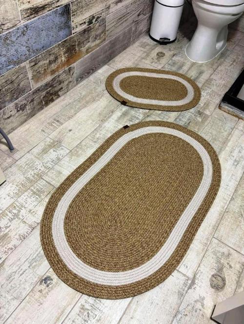 Jüt Hasır 2li Banyo Paspas Takımı-Bej Ortası Beyaz