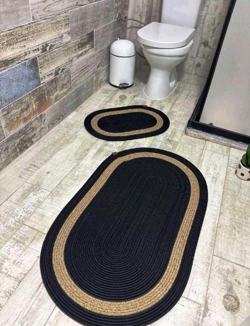 Jüt Hasır 2li Banyo Paspas Takımı-Siyah Ortası Bej