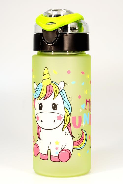 Çocuk Su Matarası Tritan Pipetli Su Şişesi Geniş Ağız Unicorn Okul Suluğu BPAsız 500mL Yeşil T0108