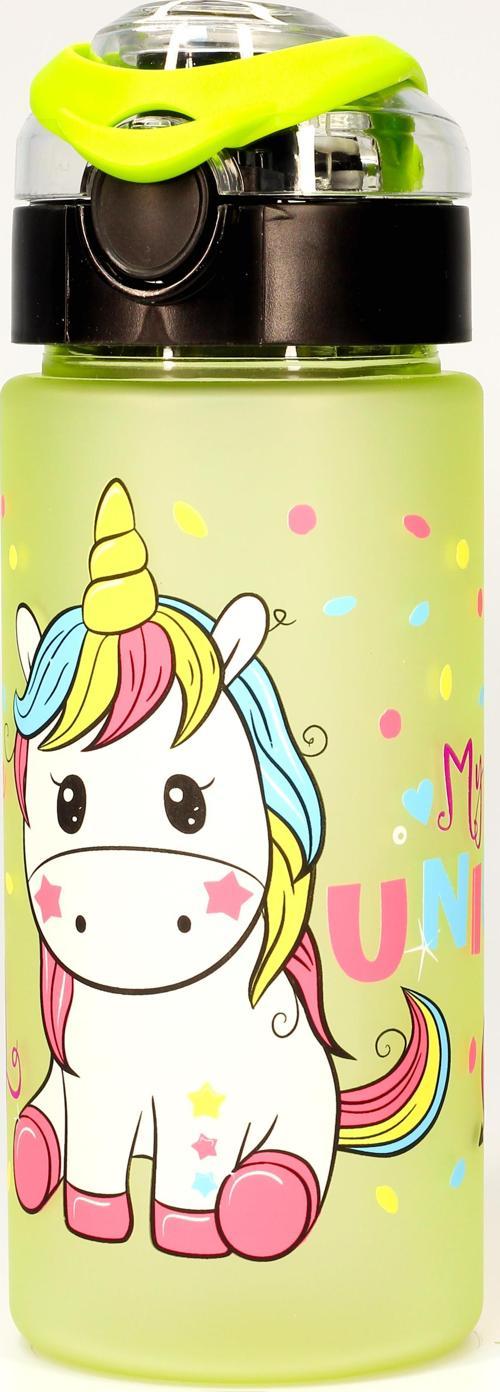 Çocuk Su Matarası Tritan Pipetli Su Şişesi Geniş Ağız Unicorn Okul Suluğu BPAsız 500mL Yeşil T0108