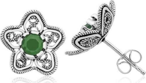 Gümüş Telkari Yeşil Nilüfer Çiçeği Çivili Küpe