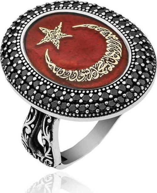 Gümüş Göktürkçe Alfabesi Yazılı Ay Yıldız Bayan Yüzük