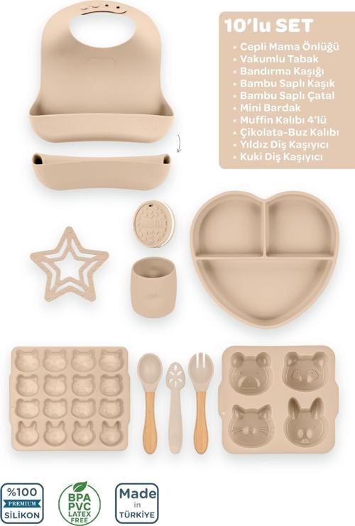 Silikon 10'Lu Set Latte Bej / Önlük, Tabak, Kaşık, Çatal, Bardak, Diş Kaşıyıcı, Buz Kalıbı...
