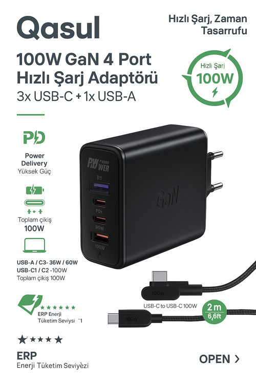 100W GaN+ 4 Port Hızlı Şarj Adaptörü (3x USB-C + 1x USB-A) Laptop Telefon Tablet Uyumlu