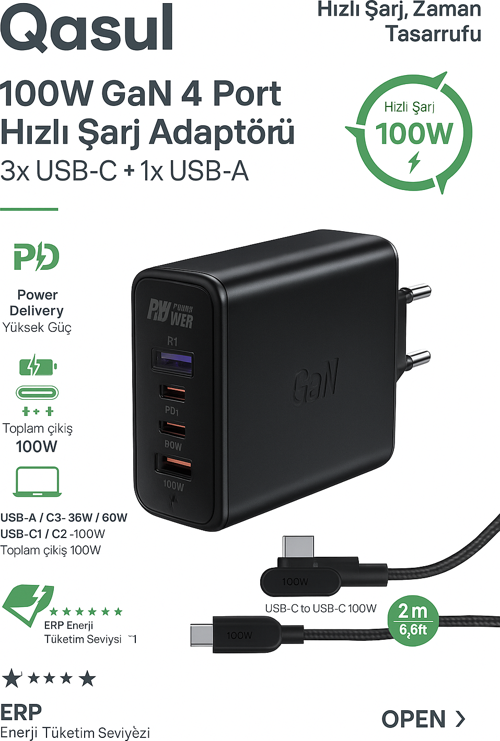 100W GaN+ 4 Port Hızlı Şarj Adaptörü (3x USB-C + 1x USB-A) Laptop Telefon Tablet Uyumlu