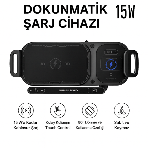 15W Araç İçi Kablosuz Şarj Cihazı ve Telefon Tutucu –  90° Döner Katlanabilir Telefonlara Uyumlu