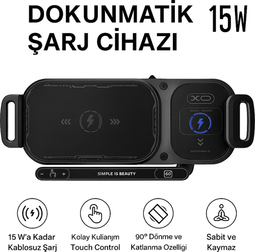 15W Araç İçi Kablosuz Şarj Cihazı ve Telefon Tutucu –  90° Döner Katlanabilir Telefonlara Uyumlu
