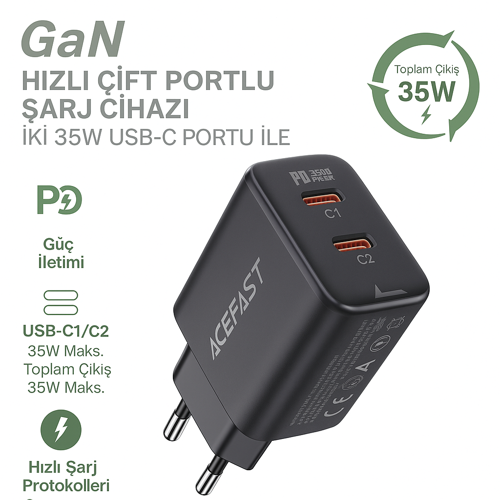 35W GaN Çift USB-C Portlu Süper Hızlı Şarj Cihazı – PD Destekli Akıllı Çip Teknolojili