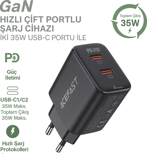 35W GaN Çift USB-C Portlu Süper Hızlı Şarj Cihazı – PD Destekli Akıllı Çip Teknolojili
