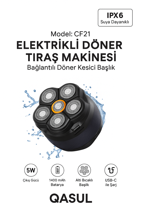 Elektrikli Döner Başlıklı Saç ve Sakal Tıraş Makinesi , IPX6 Su Geçirmez 240 Dakika Kullanım 
