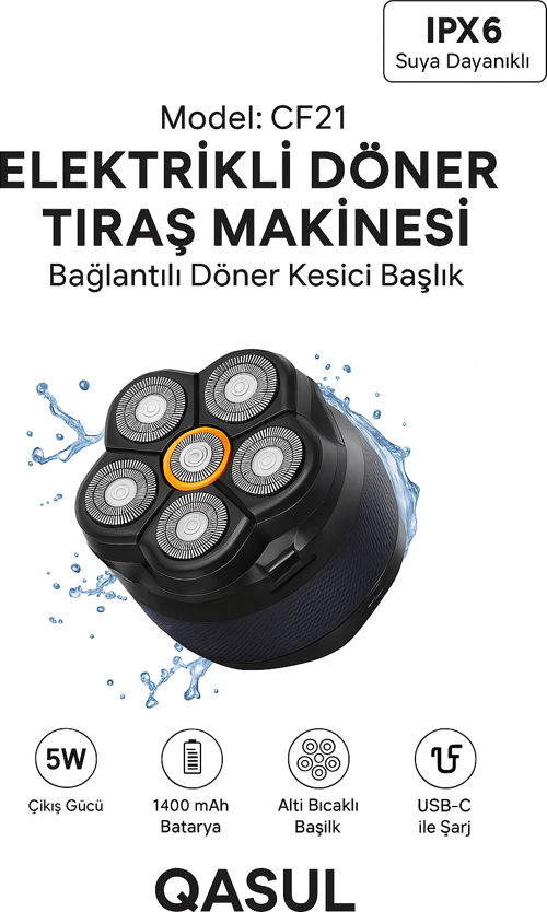 Elektrikli Döner Başlıklı Saç ve Sakal Tıraş Makinesi , IPX6 Su Geçirmez 240 Dakika Kullanım 