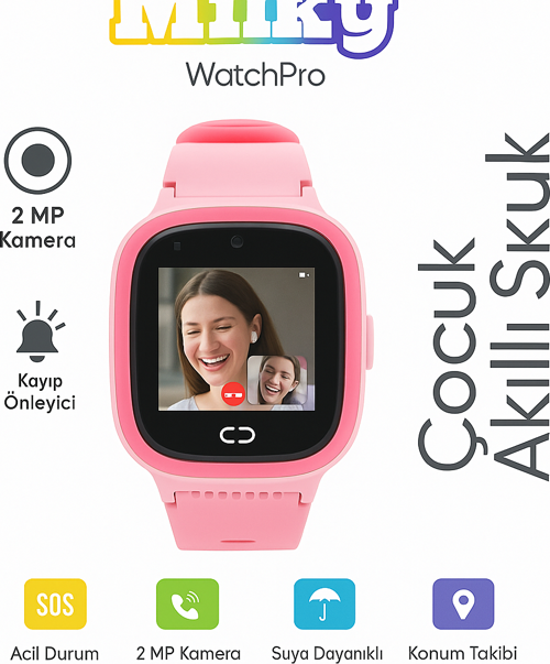 Milky Watch Pro 4G LTE Çocuk Akıllı Saati, 2MP Kamera, GPS Takibi, Koldan Çıkarma Sensörü, Suya Dayanıklı, SOS Butonu, Görüntülü Arama