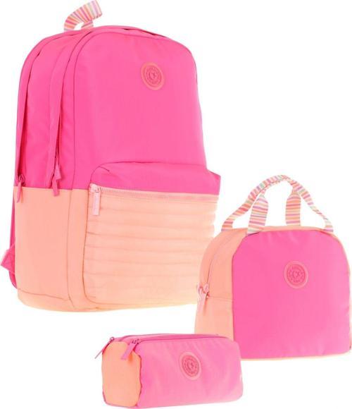 Quick Üçlü Kız Çocuk Okul Çanta Seti - Pembe Turuncu - Kapitone Detaylı