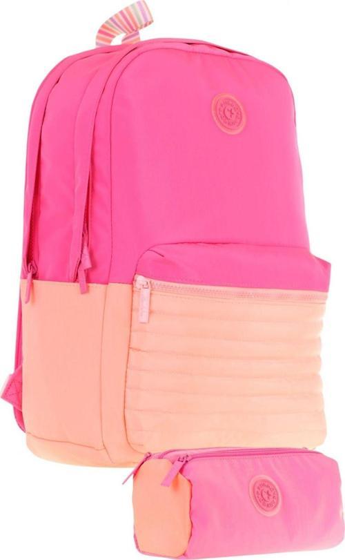 Quick Kapitone Detaylı Pembe Turuncu Kız Çocuk Okul Çantası ve Kalemlik Okul Seti