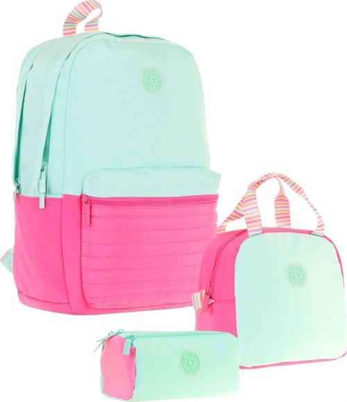 Quick Üçlü Kız Çocuk Okul Çanta Seti - Yeşil Pembe - Kapitone Detaylı