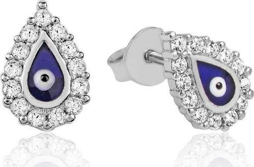 Gümüş Beyaz Taşlı Nazar Damla Çivili Küpe