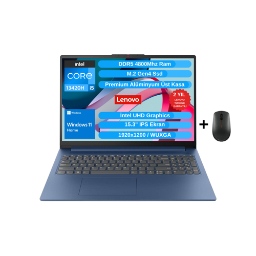 IP Slim 3 15IRH10 Intel Core I5-13420H 16GB 1TB SSD Wuxga 15.3" IPS Win11 Taşınabilir Bilgisayar 83K10062TR - Mouse WZ26