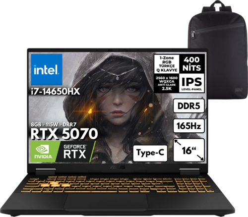Tuf F16 I7-14650HX 40-GBDDR5 2 TBSSD RTX5070 (8GB-115W-GDRR7) 16" WQXGA 165Hz Windows 10 Home + HMF Sırt Çantası FX608JPR-QT070HMF68