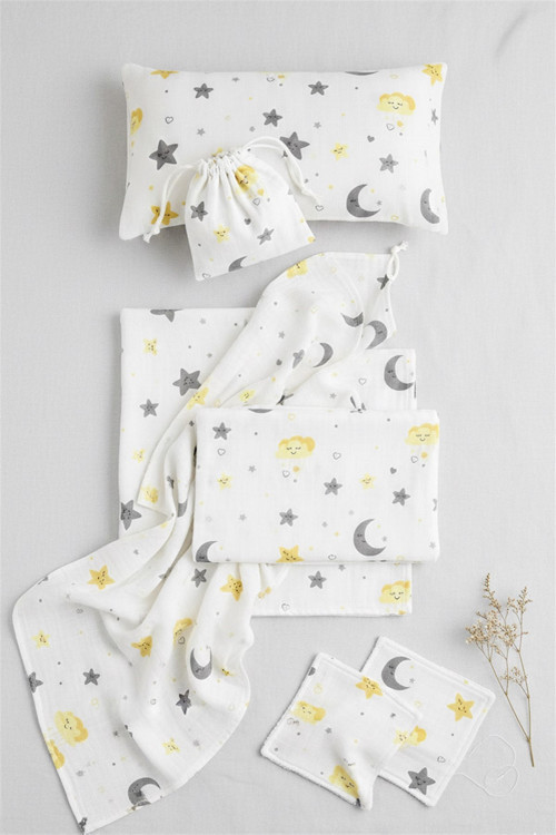 Bebek Müslin Set %100 Pamuk 7 Parça Battaniye Ağız Bez Ay Yıldızlı Sarı Gri