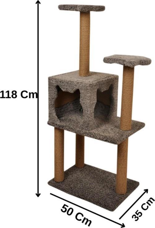 Üç Katlı Yuvalı Lüx Kedi Tırmalama Platformu ve Kedi Oyun Evi Gri 118 cm