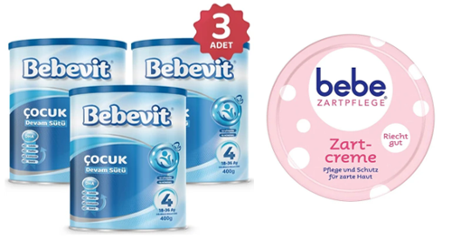 4 Bebek Devam Sütü 400 gr 3 ADET + Bebe Zartpflege Baby/Kids Hassas Bakim Cilt Kremi 50Ml