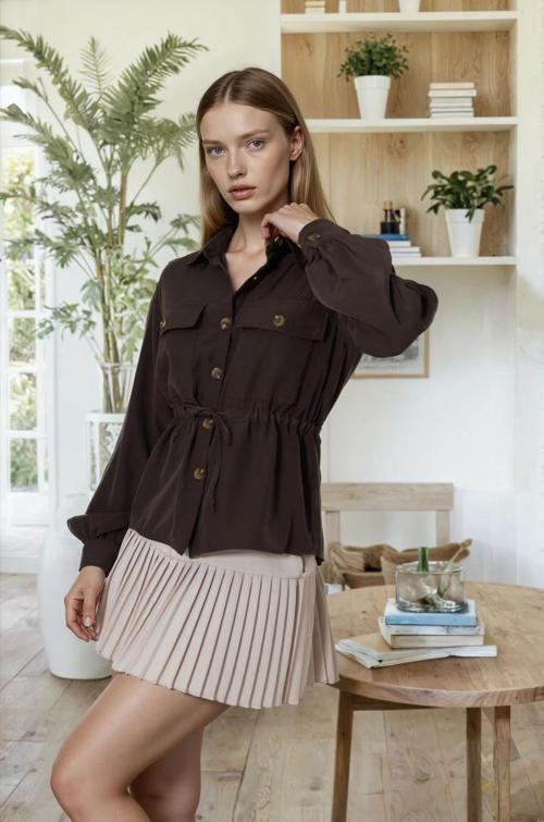 Kadın Kupra Uzun Kollu Beli Büzgülü Bluz/Gömlek 3738308