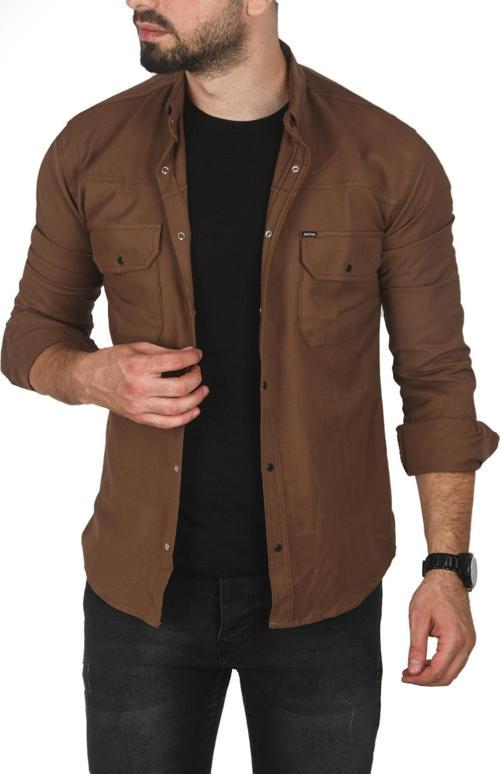 Erkek Kahve Büyük Beden Pamuklu Likralı Spor Gömlek – Dar Kalıp, Çıt Çıt Kapamalı 2500423