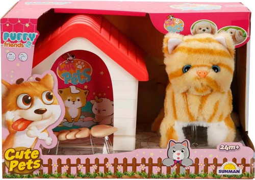 Sesli ve Hareketli Kulübeli Sevimli Peluş Kedi Kız Erkek Çocuk Oyuncak Eğitici Oyuncaklar
