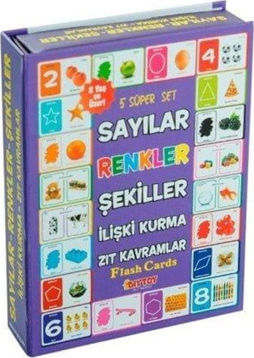 1413 DıyToy, Flash Cards - 5 Süper Set - Sayılar+Renkler+Şekiller+İlişki Kurma+Zıt Kavramlar / +2 ya