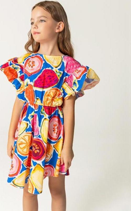 Desenli Pamuklu Beli Lastikli Kız Çocuk Elbise