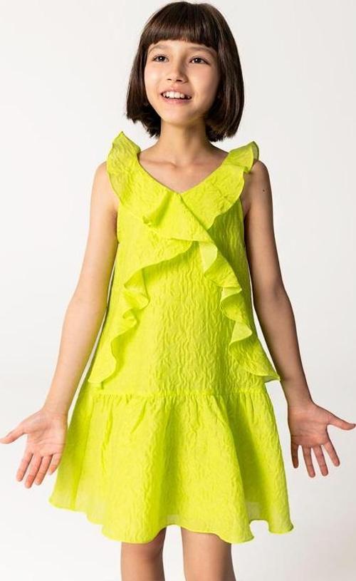 Neon Yeşil Kolsuz Fırfırlı Kız Çocuk Elbise