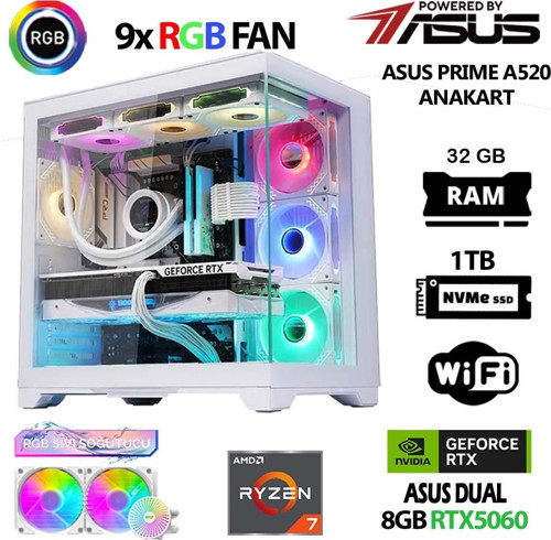 Prime x6 Ryzen 7 5700X 32GB Ram 1TB M.2 NVMe SSD 8GB RTX5060 Sıvı Soğutmalı Masaüstü Oyuncu Bilgisayarı