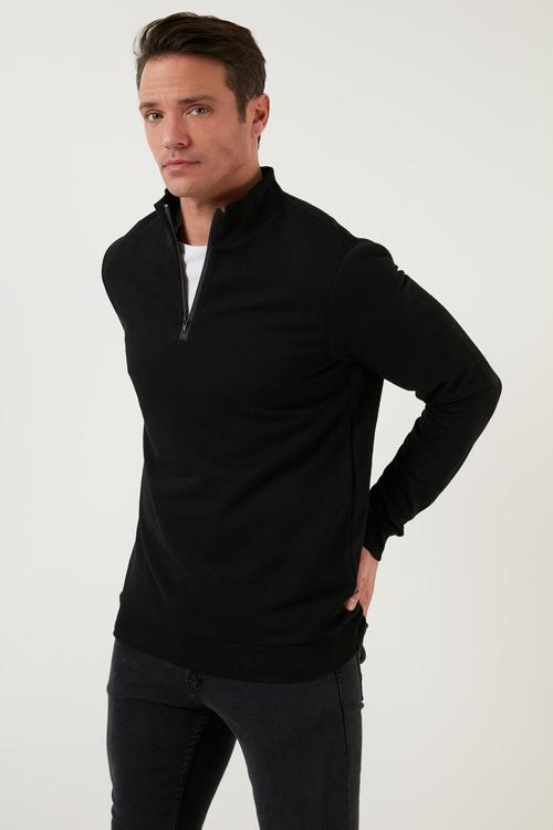 Pamuklu Slim Fit Yarım Fermuarlı Dik Yaka Erkek Sweat 5905400 SİYAH