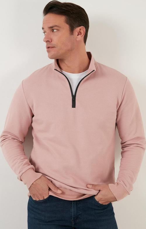 Pamuklu Slim Fit Yarım Fermuarlı Dik Yaka Erkek Sweat 5905400 PUDRA