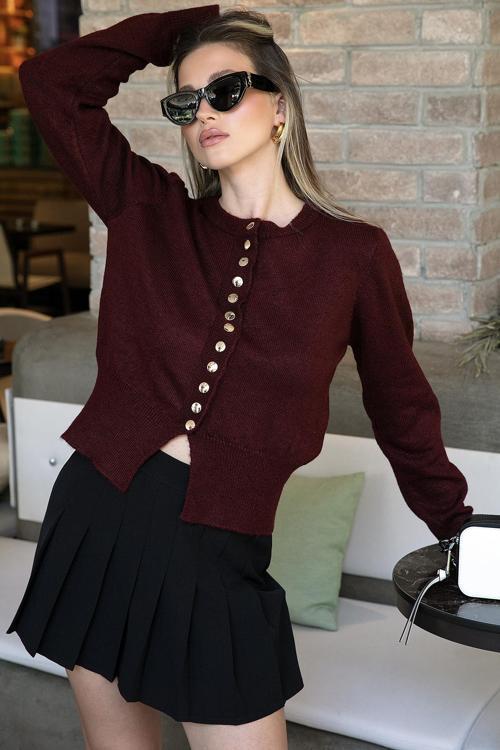 Premium Comfort Fit Yuvarlak Yaka Crop Triko Bayan Hırka 680HI00164 BORDO