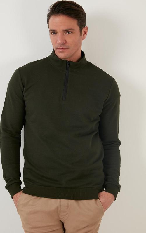 Pamuklu Slim Fit Yarım Fermuarlı Dik Yaka Erkek Sweat 5905400 HAKİ