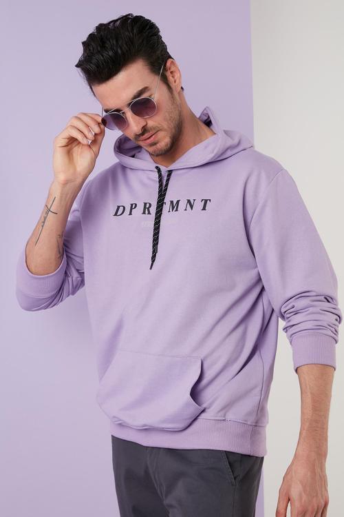 Slim Fit Baskılı Kapüşonlu Kanguru Cepli Pamuklu Erkek Sweat 5414017 LİLA