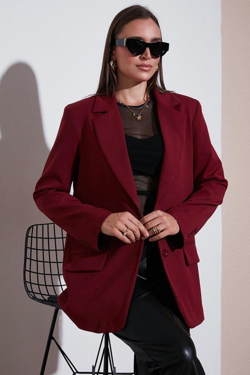 Relaxed Fit Mono Yaka Cepli Blazer Bayan Ceket 611BC00132 BORDO